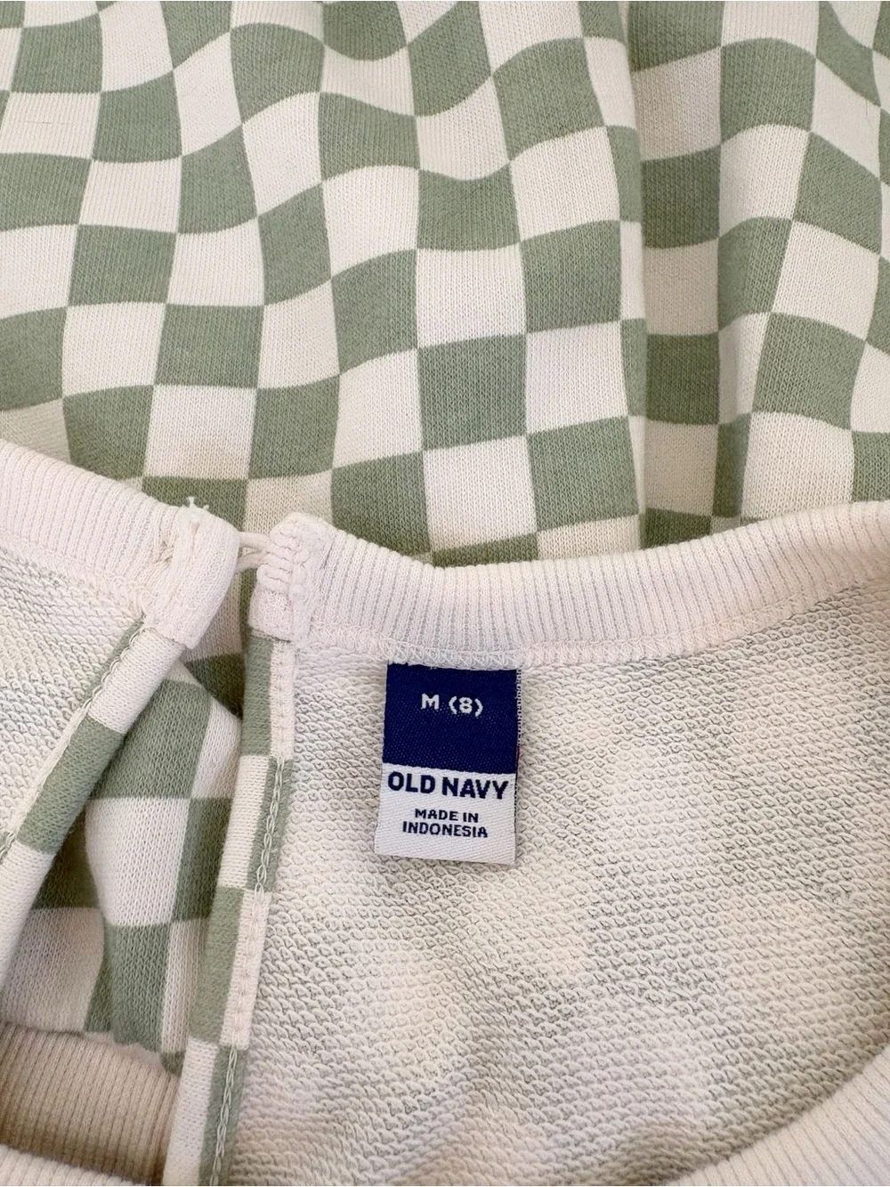 Old Navy Girls Sage and White Checkerboard Drawstring Romper